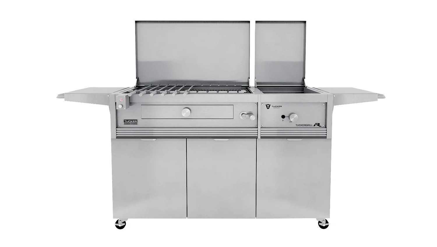 Tucker Charcoal Deluxe Pro BBQ Plus Wok Burner on Cabinet with Hinged Flat Lid